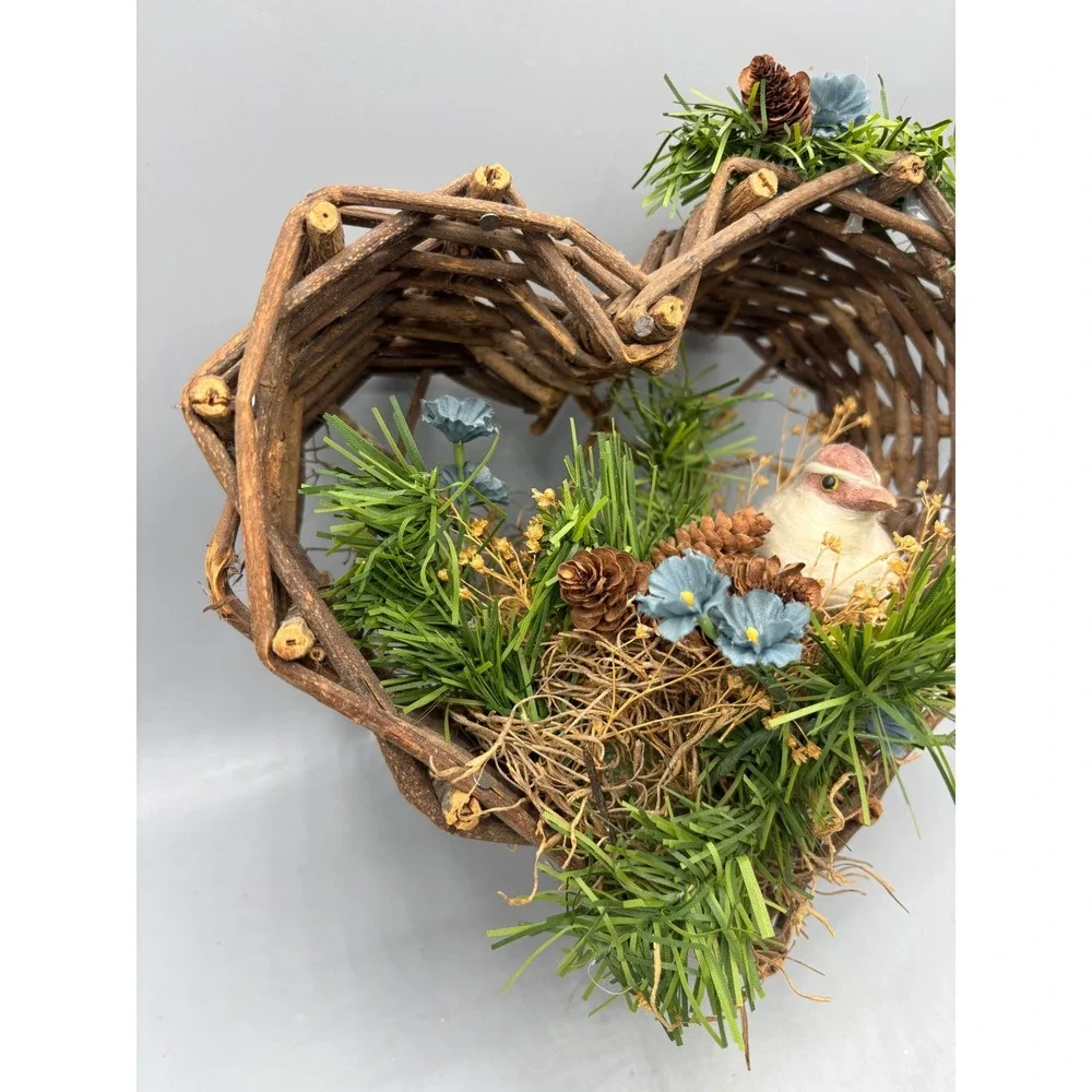 Vtg Rustic Woven Twig Heart Basket Bird Nest‎ Pinecones Flowers Farmhouse Decor